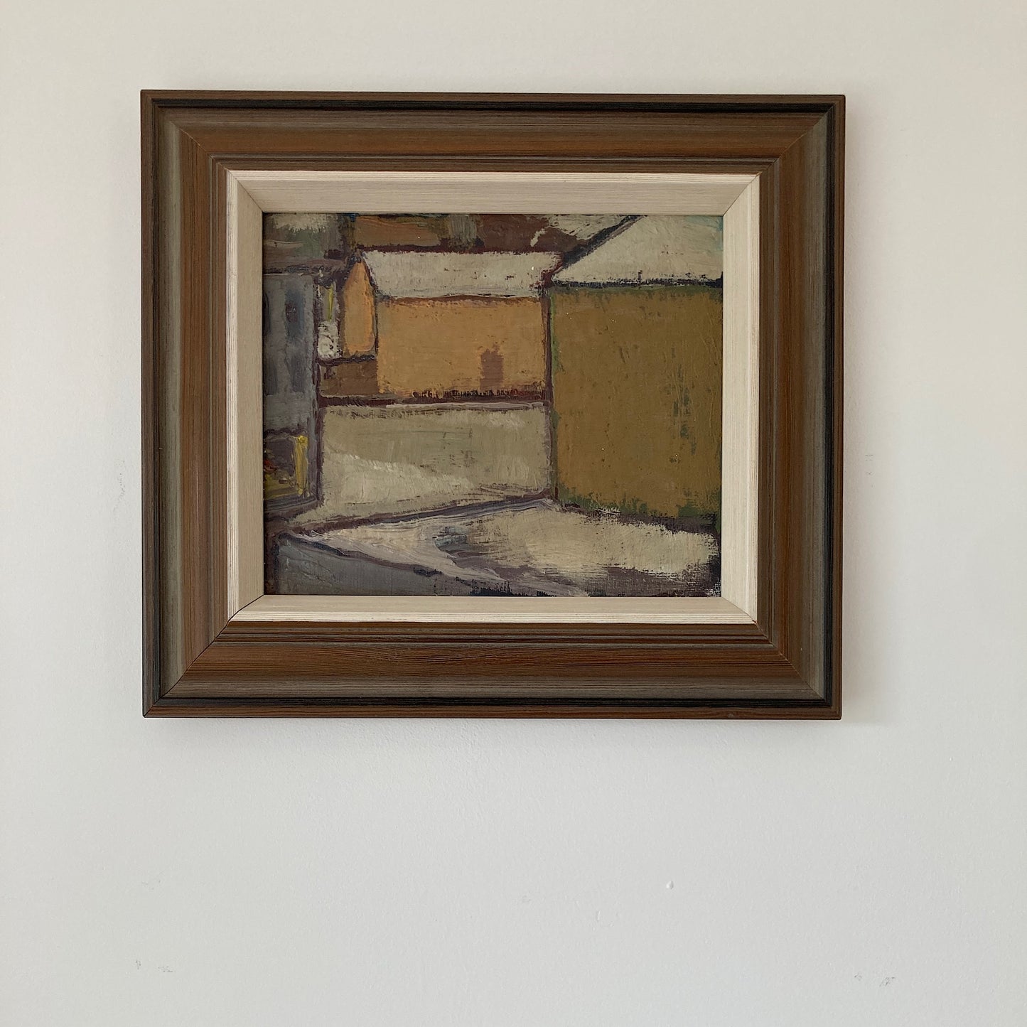 Mid Century Scandinavian Street View Oil Painting – Original Vintage Art