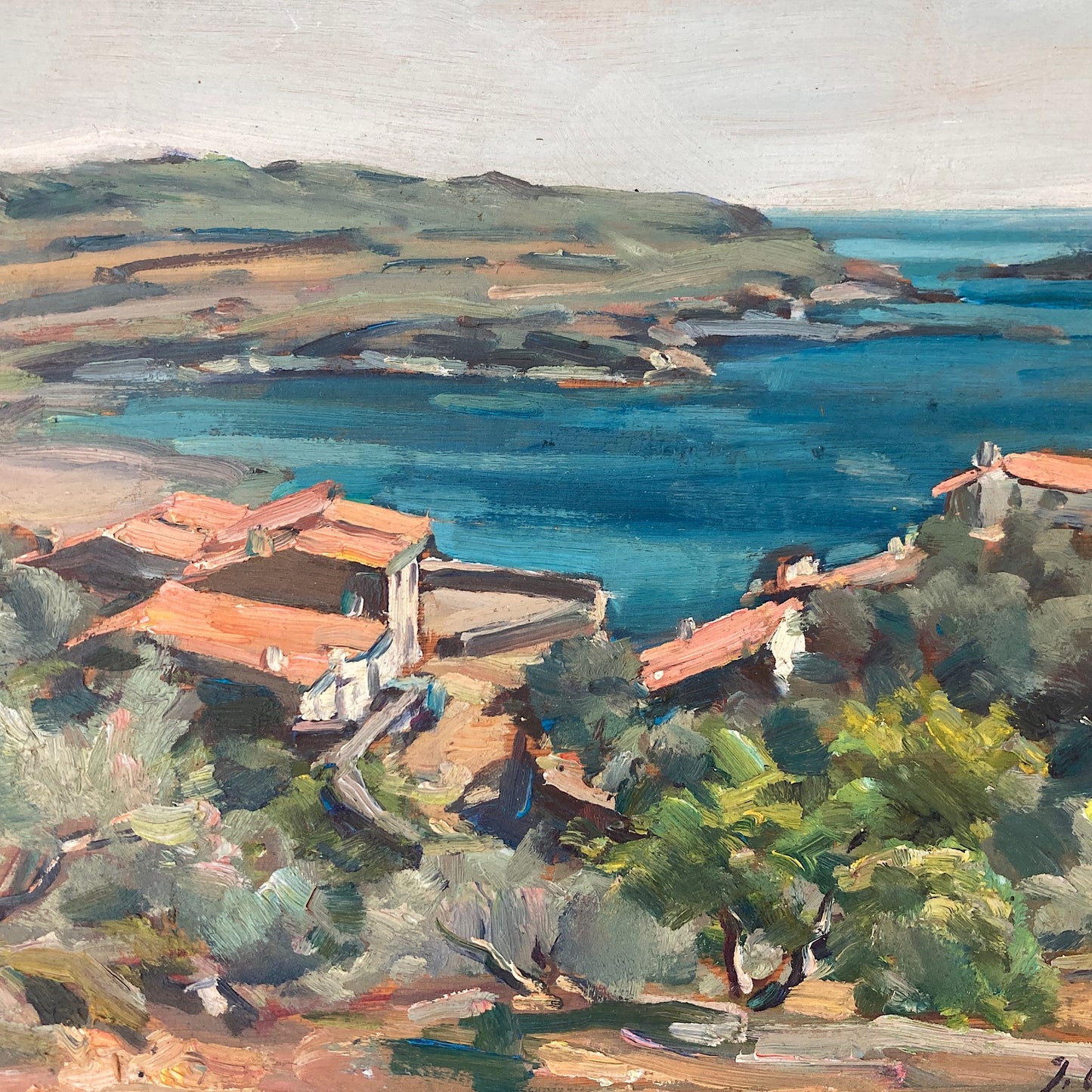 Mediterranean View - Small Original Vintage Spanish Oil Painting of a Bay