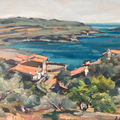 Mediterranean View - Small Original Vintage Spanish Oil Painting of a Bay