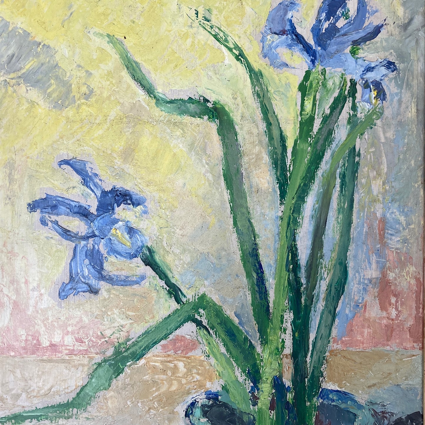 Impressionist Vintage Painting Oil on Board of Iris Flowers in a Still Life Composition Scandinavian Vintage Framed Original Art Dated 1940
