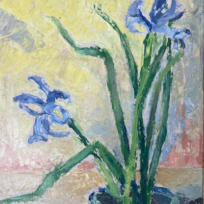 Impressionist Vintage Painting Oil on Board of Iris Flowers in a Still Life Composition Scandinavian Vintage Framed Original Art Dated 1940