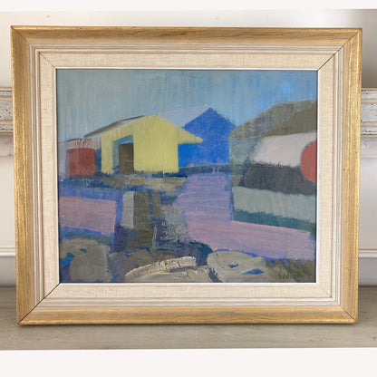 Coastal Houses - Mid Century Modern Swedish Oil on Canvas Painting Dated 1955