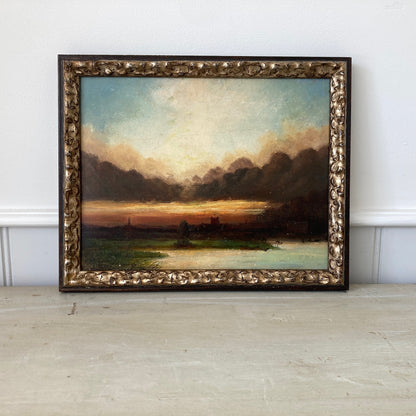 Twilight - Small Antique British Original Oil Painting of Worcester Cathedral