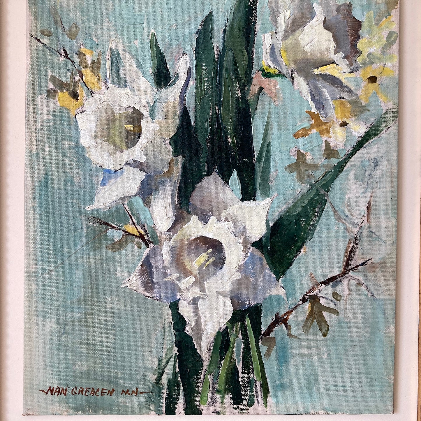 Daffodils Oil Painting – Nan Greacen Impressionist Floral Still Life, Framed Canvas