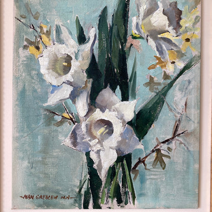 Daffodils Oil Painting – Nan Greacen Impressionist Floral Still Life, Framed Canvas