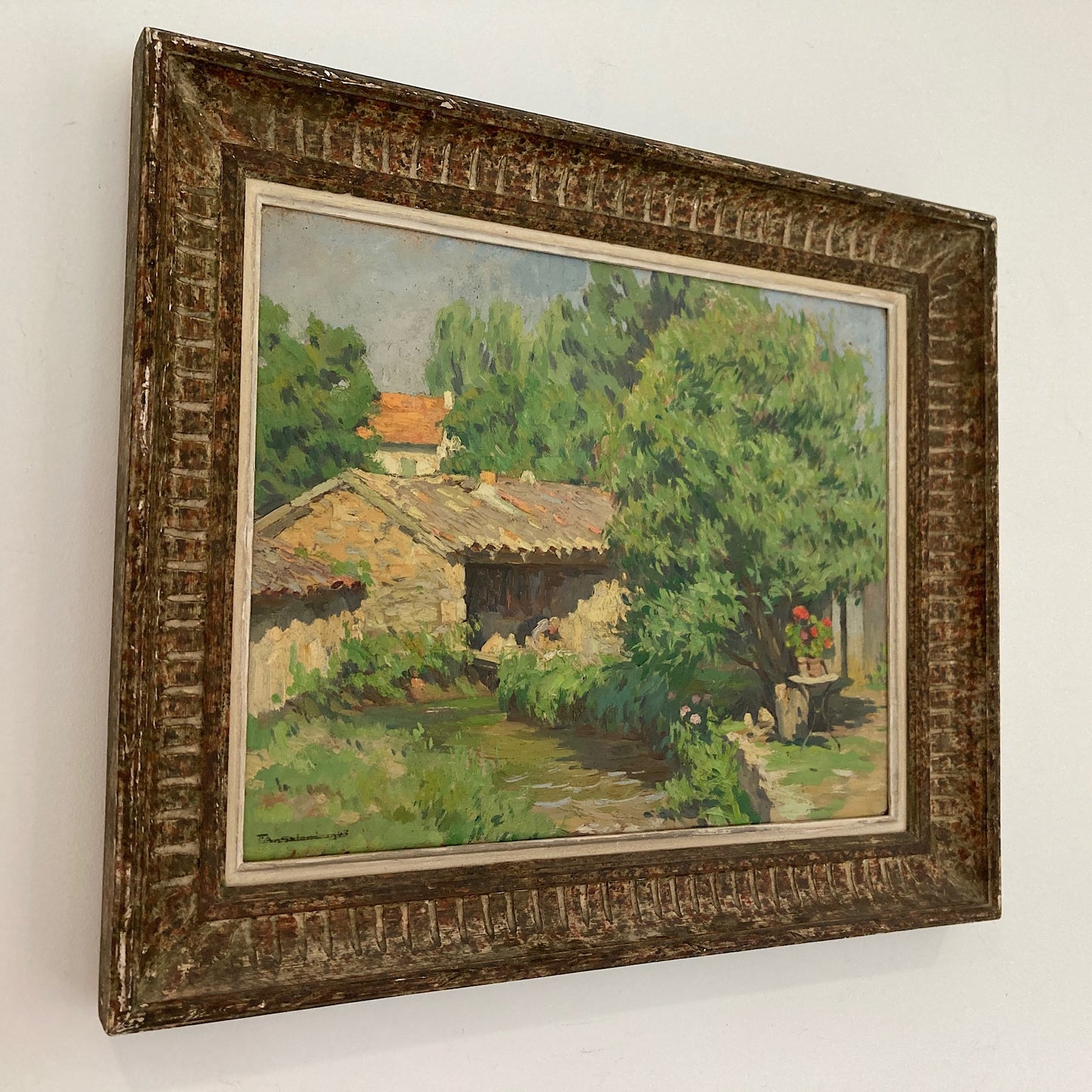 A Summer Garden in France - Medium Antique Original European Impressionist Oil Painting of a French Garden