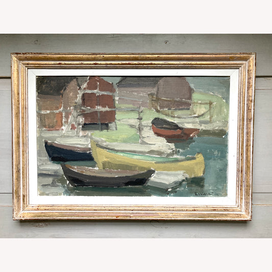 Boats on the Shore - Mid Century Modern Expressionist - A Vintage Scandinavian Oil on Canvas-Board Painting