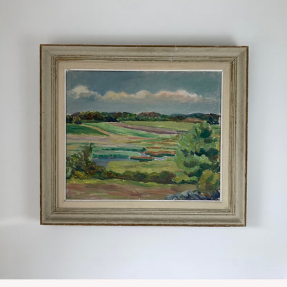 Summer Fields Landscape - Large Vintage Scandinavian Original Oil on Board Painting Dated 1939