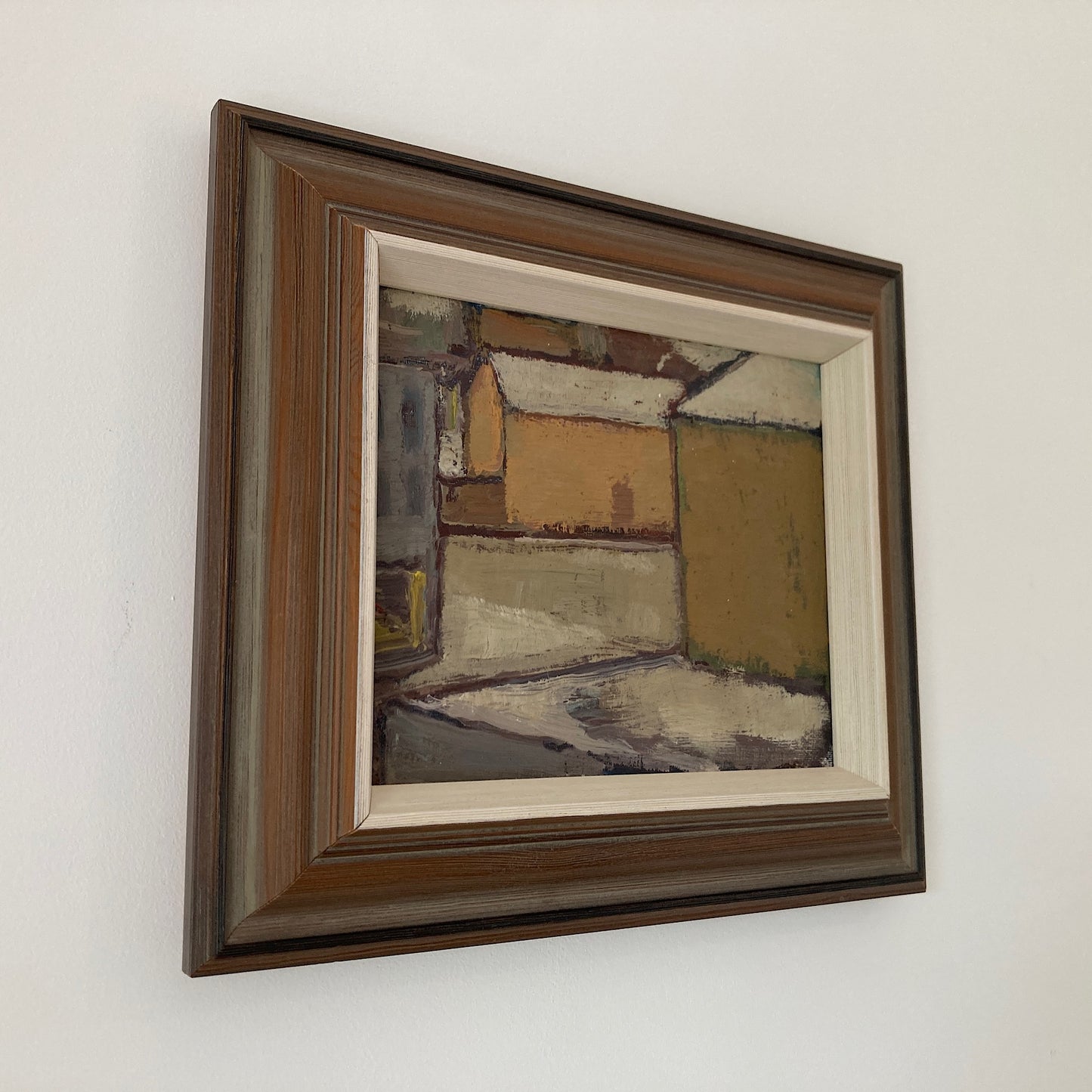 Mid Century Scandinavian Street View Oil Painting – Original Vintage Art