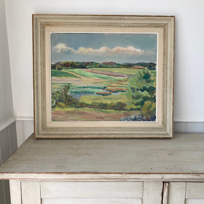 Summer Fields Landscape - Large Vintage Scandinavian Original Oil on Board Painting Dated 1939