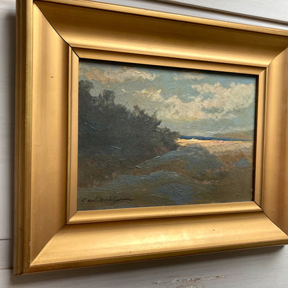 Sunlight on the Shore - Vintage Scandinavian Oil on Board Framed Painting of the Last Sun on a Beach Shoreline