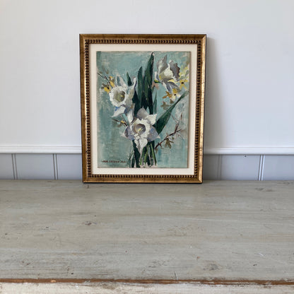 Daffodils Oil Painting – Nan Greacen Impressionist Floral Still Life, Framed Canvas