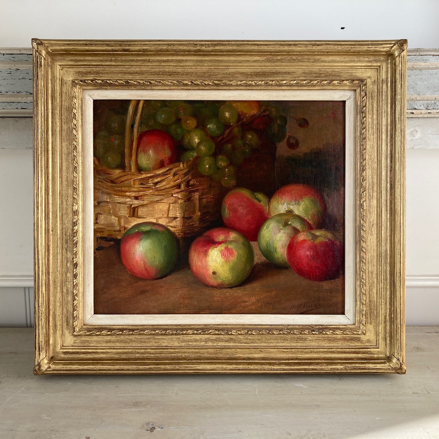 Apples Still Life - A French Original Antique Still Life Oil Painting of Apples and Grapes in a Basket - Framed Original Kitchen Art