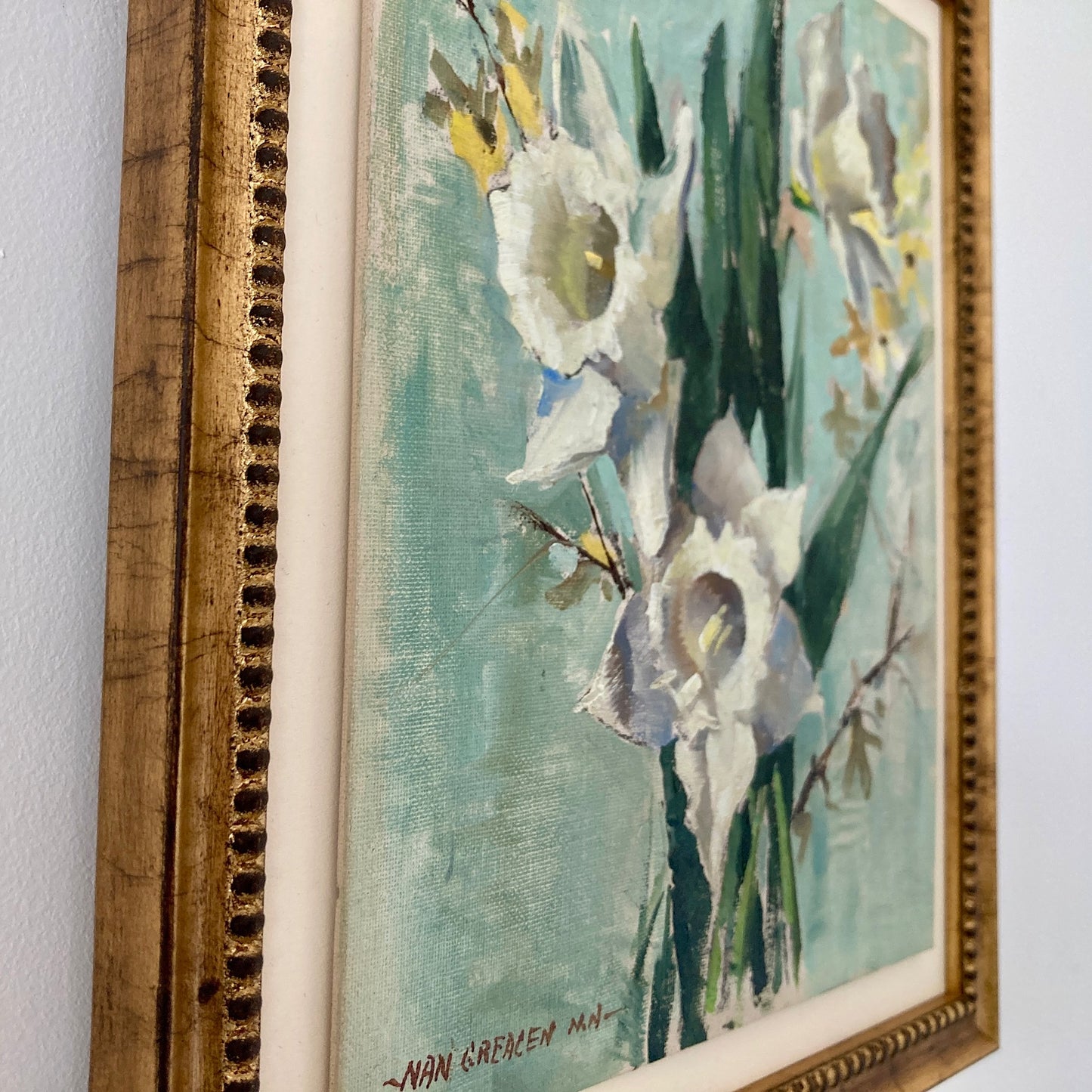 Daffodils Oil Painting – Nan Greacen Impressionist Floral Still Life, Framed Canvas