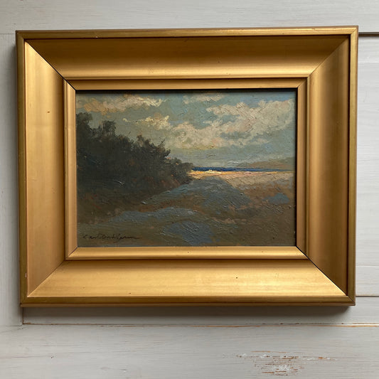 Sunlight on the Shore - Vintage Scandinavian Oil on Board Framed Painting of the Last Sun on a Beach Shoreline