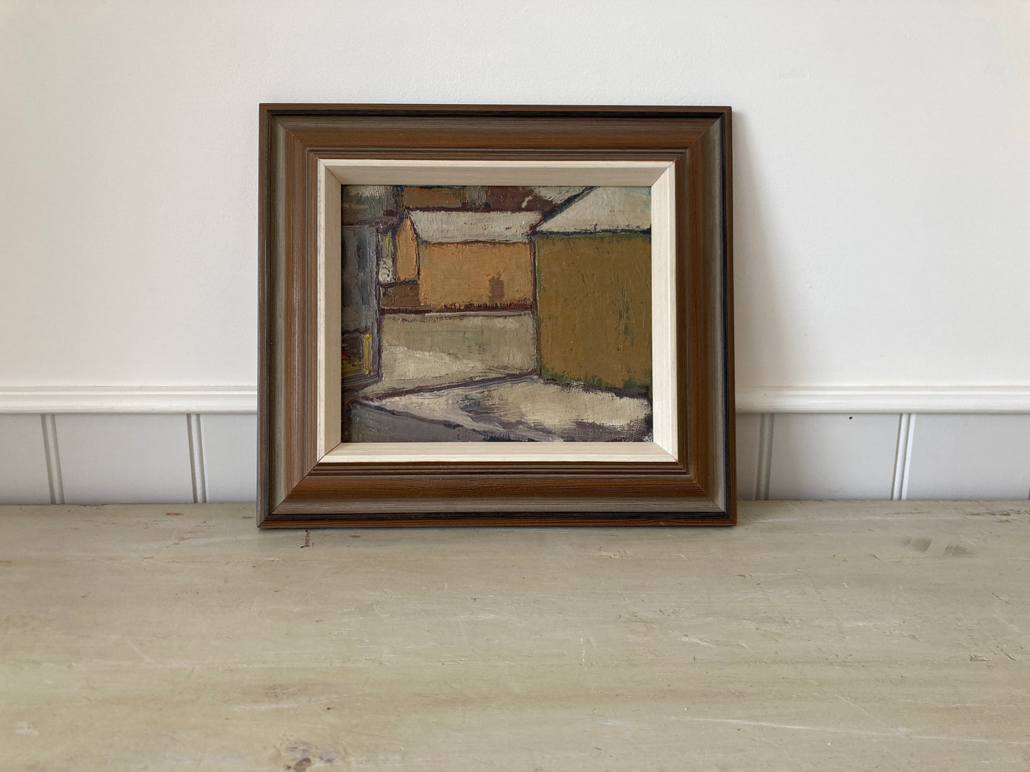 Mid Century Scandinavian Street View Oil Painting – Original Vintage Art