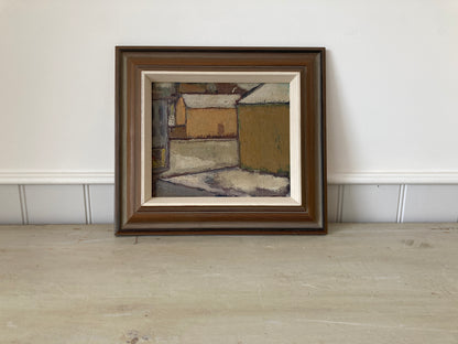 Mid Century Scandinavian Street View Oil Painting – Original Vintage Art