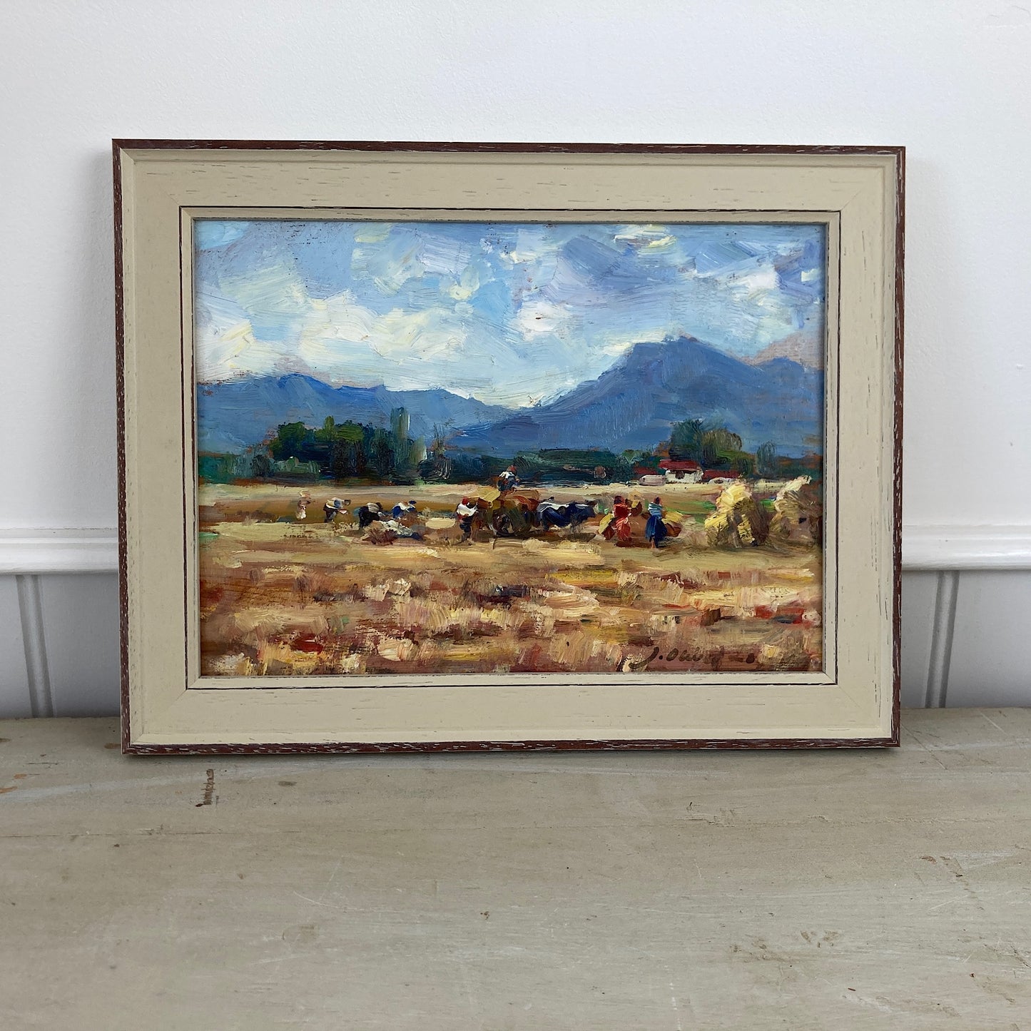 Harvest Time - Small Original Vintage Spanish Oil Painting of a Golden Landscape