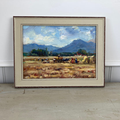 Harvest Time - Small Original Vintage Spanish Oil Painting of a Golden Landscape
