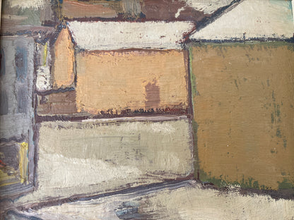 Mid Century Scandinavian Street View Oil Painting – Original Vintage Art