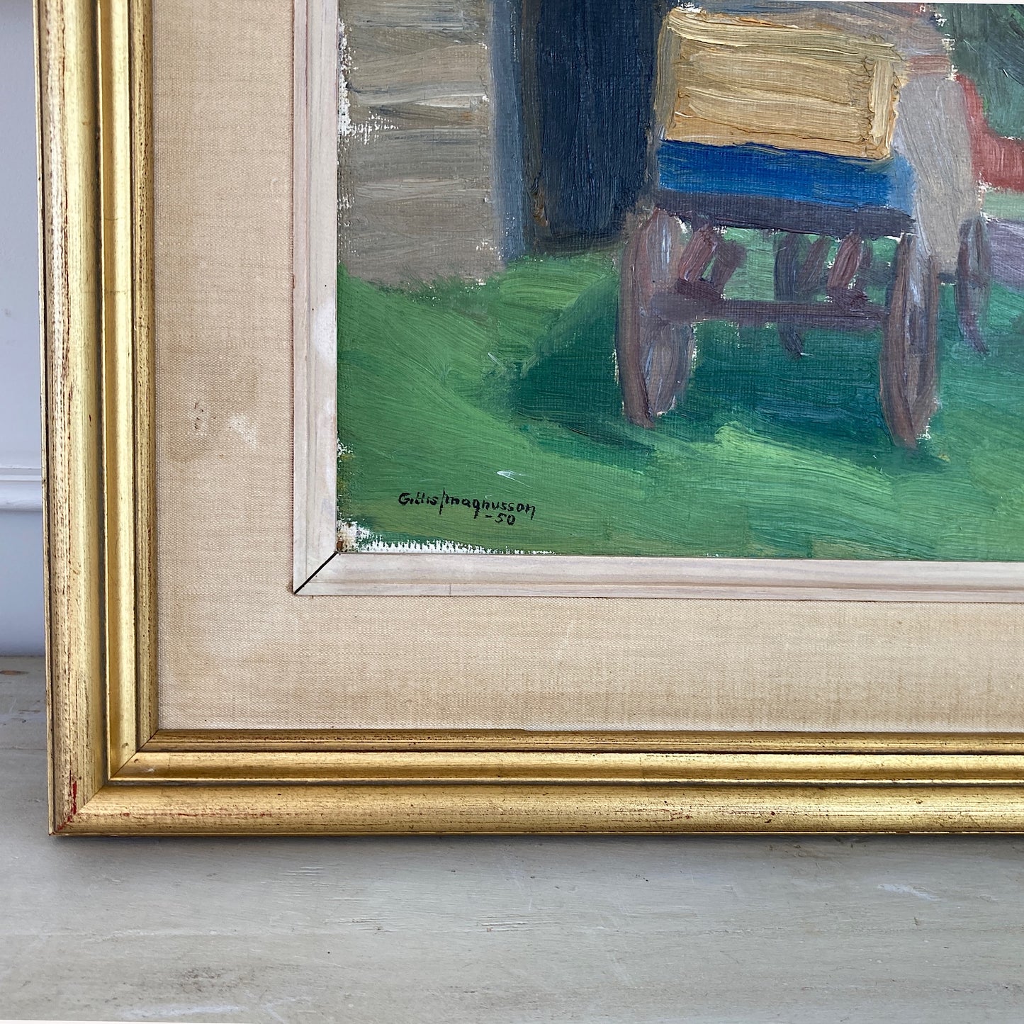 The Painted Cart - A MID CENTURY Oil on Board of a Summer Country Scene - Scandinavian Vintage Framed Painting