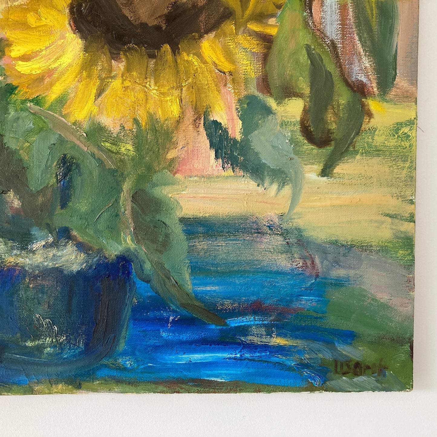 Sunflowers - Vintage European Original Still Life Oil Painting of Sunflowers in a Vase