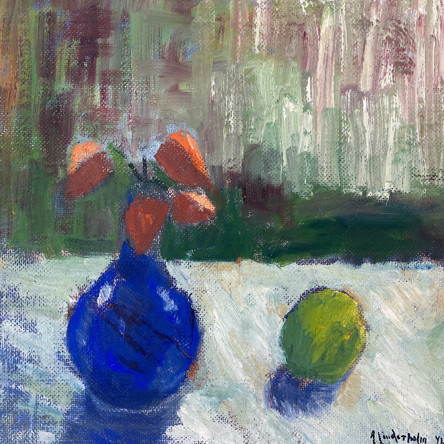 Blue Vase and Apple - A Vintage Swedish Mid Century Original Scandinavian Modernist Oil on Board Painting