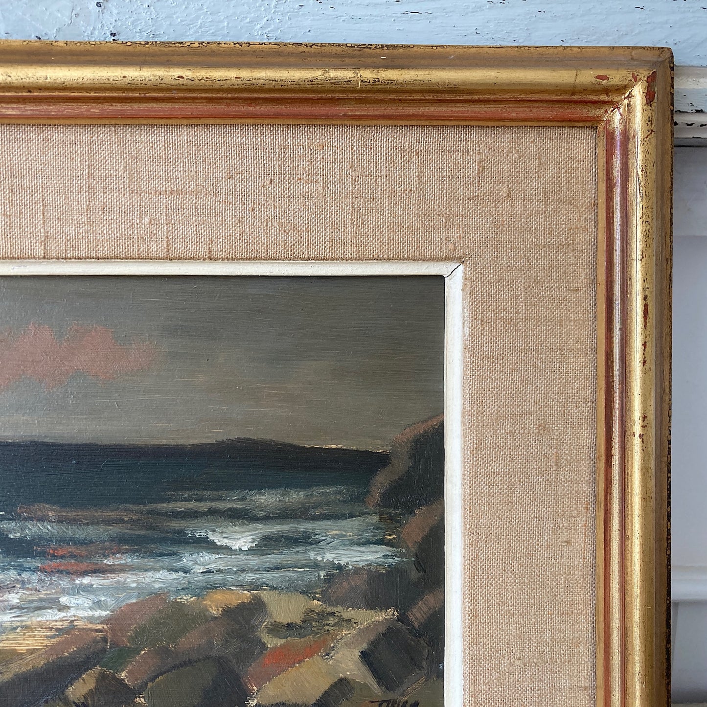 Evening Coast - Vintage Scandinavian Mid Century Oil on Board Framed Painting of Waves on Rocks under an Evening Sky