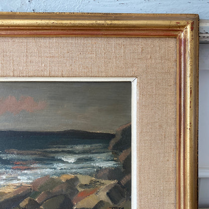 Evening Coast - Vintage Scandinavian Mid Century Oil on Board Framed Painting of Waves on Rocks under an Evening Sky
