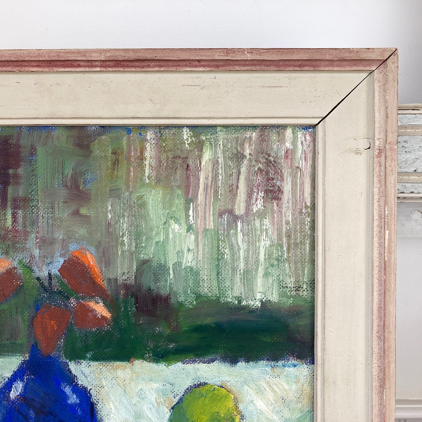 Blue Vase and Apple - A Vintage Swedish Mid Century Original Scandinavian Modernist Oil on Board Painting