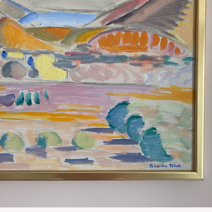 Spanish Landscape - Large Vintage Mid Century Expressionist Mediterranean Landscape Framed Oil on Canvas