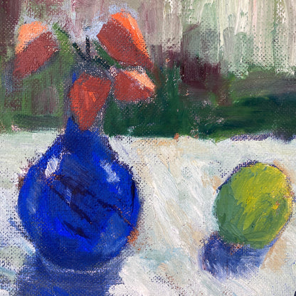 Blue Vase and Apple - A Vintage Swedish Mid Century Original Scandinavian Modernist Oil on Board Painting