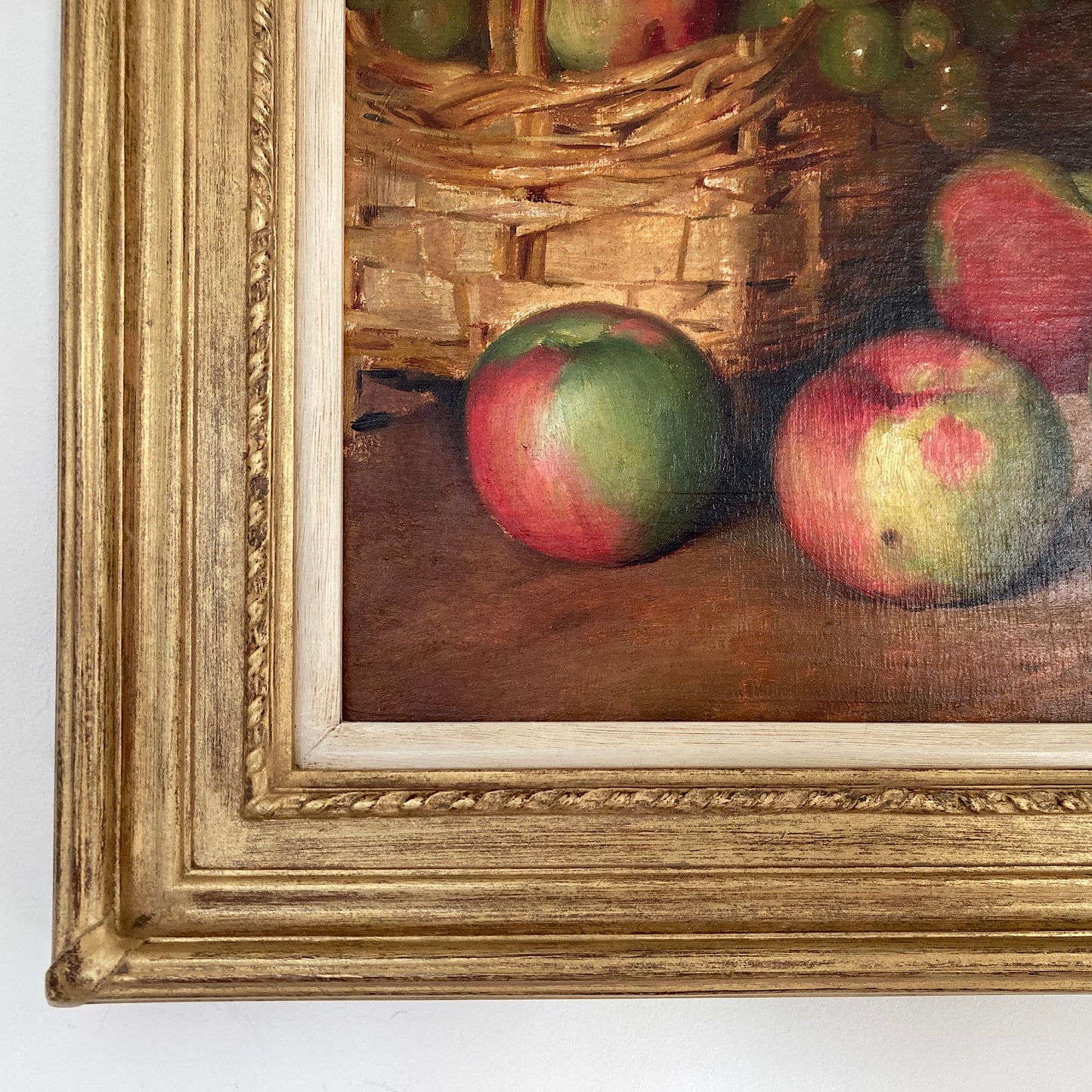 Apples Still Life - A French Original Antique Still Life Oil Painting of Apples and Grapes in a Basket - Framed Original Kitchen Art