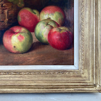 Apples Still Life - A French Original Antique Still Life Oil Painting of Apples and Grapes in a Basket - Framed Original Kitchen Art