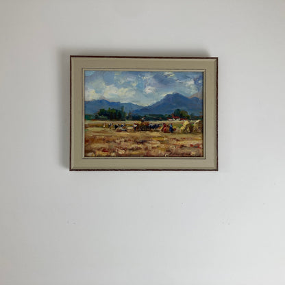 Harvest Time - Small Original Vintage Spanish Oil Painting of a Golden Landscape