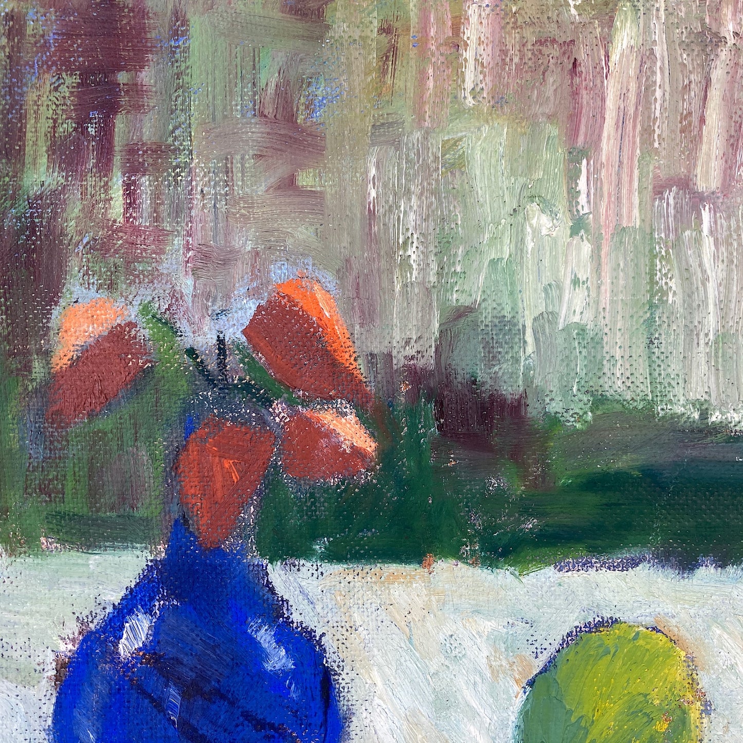 Blue Vase and Apple - A Vintage Swedish Mid Century Original Scandinavian Modernist Oil on Board Painting