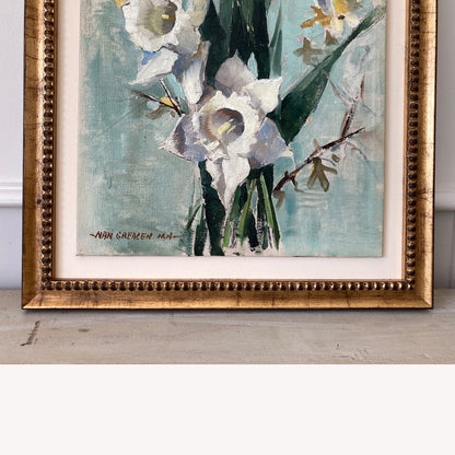 Daffodils Oil Painting – Nan Greacen Impressionist Floral Still Life, Framed Canvas