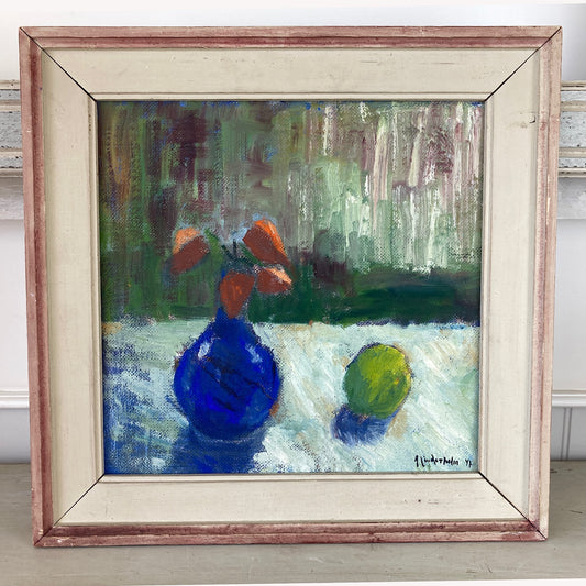 Blue Vase and Apple - A Vintage Swedish Mid Century Original Scandinavian Modernist Oil on Board Painting