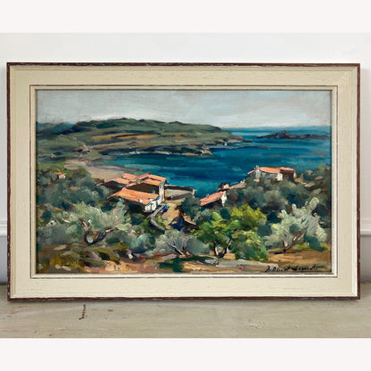 Mediterranean View - Small Original Vintage Spanish Oil Painting of a Bay