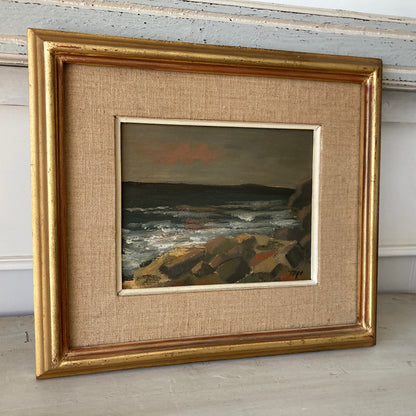 Evening Coast - Vintage Scandinavian Mid Century Oil on Board Framed Painting of Waves on Rocks under an Evening Sky