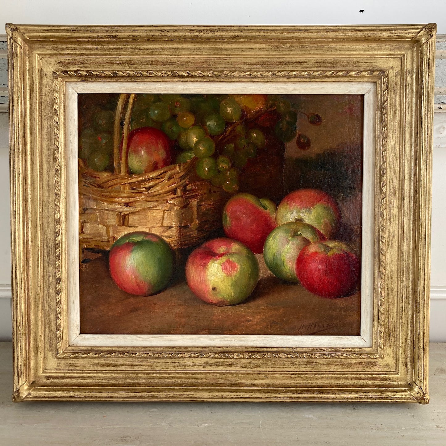 Apples Still Life - A French Original Antique Still Life Oil Painting of Apples and Grapes in a Basket - Framed Original Kitchen Art