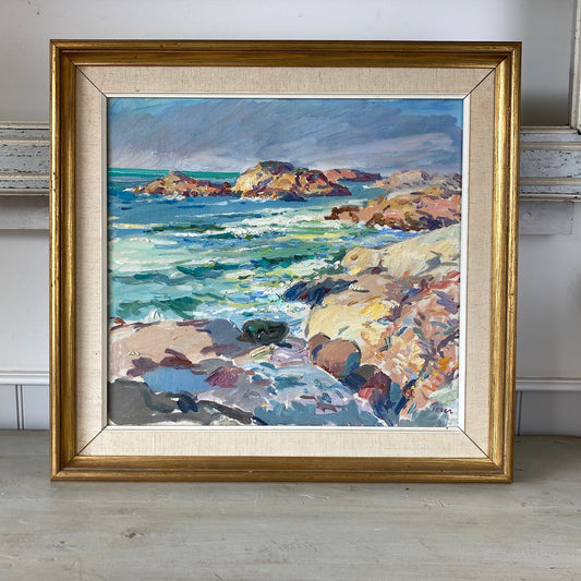 Ocean Coastline - Vintage Oil on Canvas Framed Painting of the Sea on Rocks by Listed Artist Martin Verner Poser (born 1909)