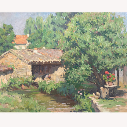 A Summer Garden in France - Medium Antique Original European Impressionist Oil Painting of a French Garden