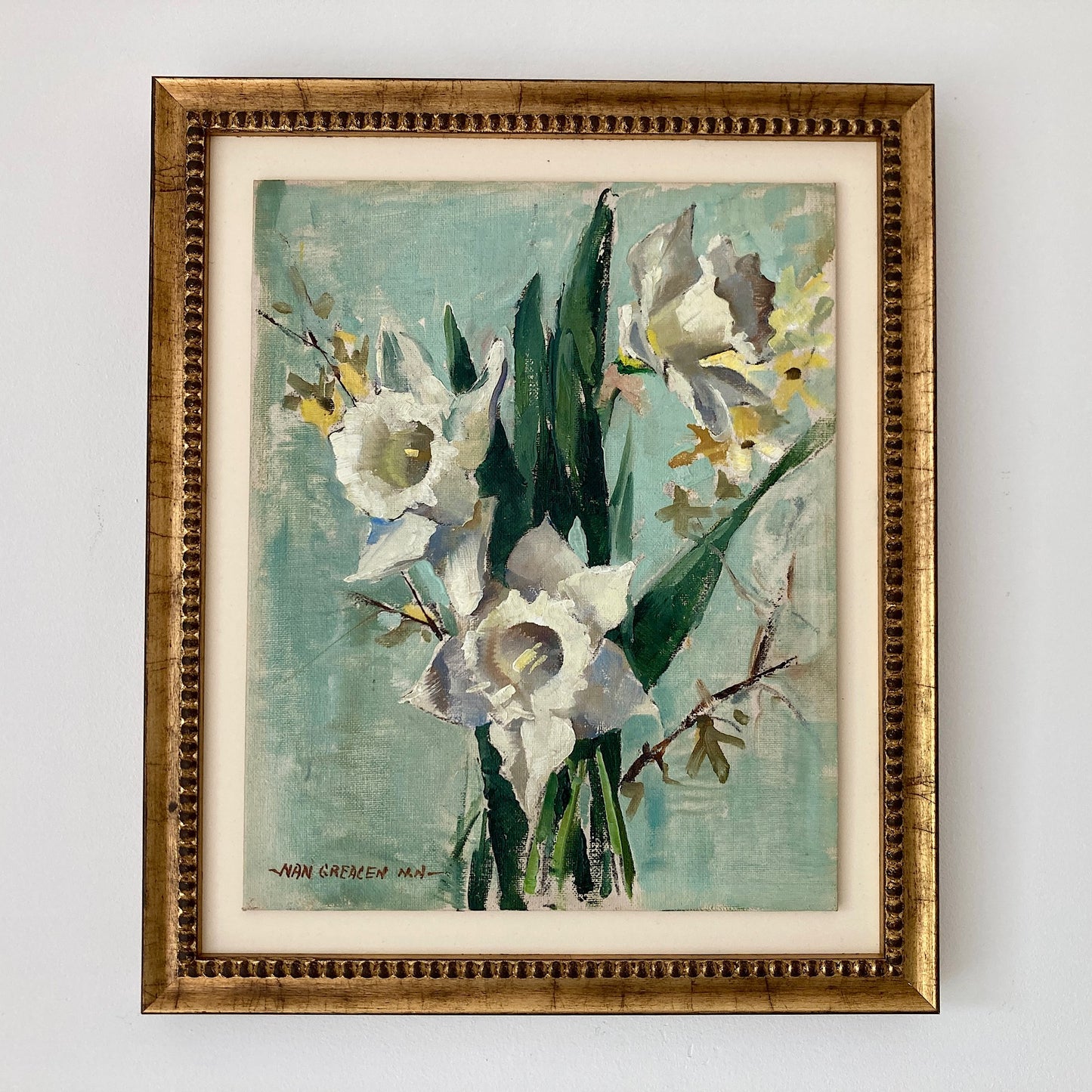 Daffodils Oil Painting – Nan Greacen Impressionist Floral Still Life, Framed Canvas