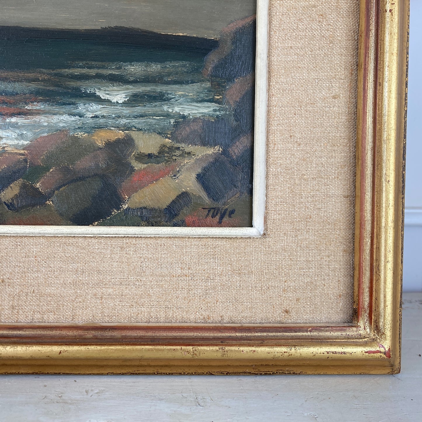 Evening Coast - Vintage Scandinavian Mid Century Oil on Board Framed Painting of Waves on Rocks under an Evening Sky