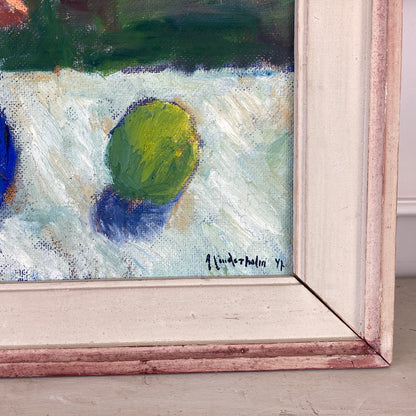 Blue Vase and Apple - A Vintage Swedish Mid Century Original Scandinavian Modernist Oil on Board Painting