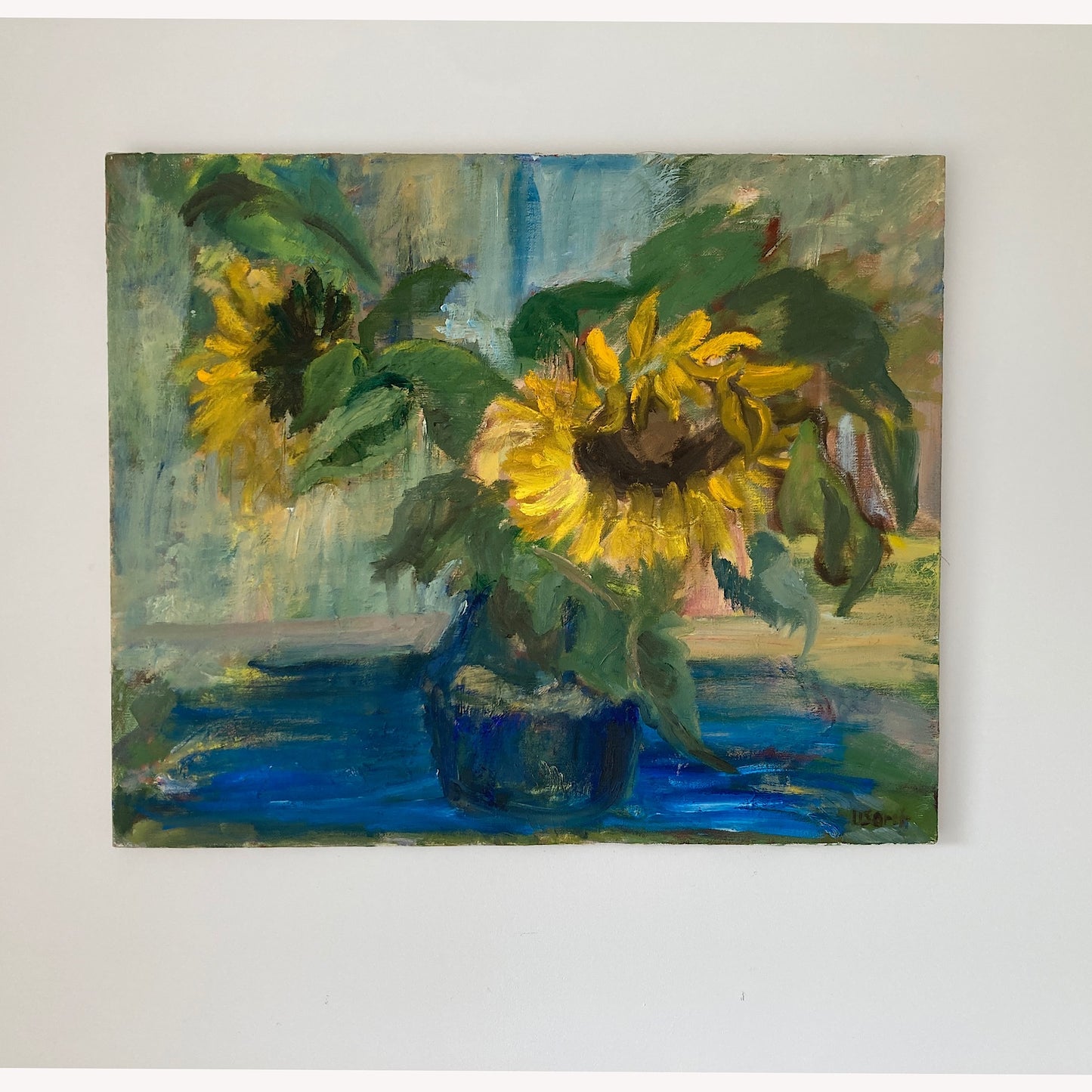 Sunflowers - Vintage European Original Still Life Oil Painting of Sunflowers in a Vase