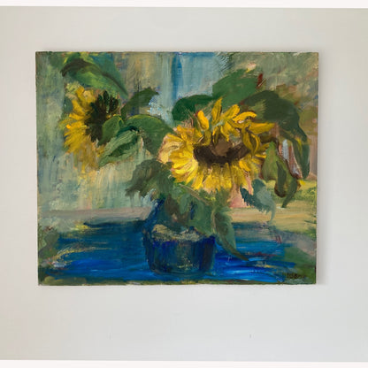 Sunflowers - Vintage European Original Still Life Oil Painting of Sunflowers in a Vase
