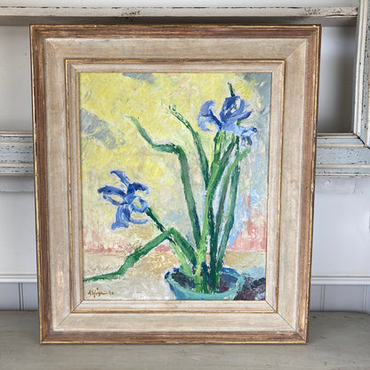 Impressionist Vintage Painting Oil on Board of Iris Flowers in a Still Life Composition Scandinavian Vintage Framed Original Art Dated 1940