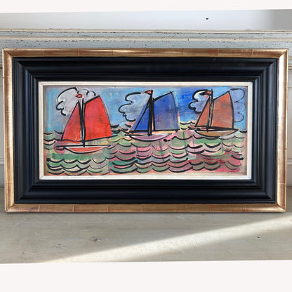 Three Sailboats - French School Mid Century Vintage Original Watercolour and Gouache Framed Painting